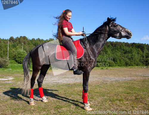 Image of Girl on a horse with hair fluttering in the wind