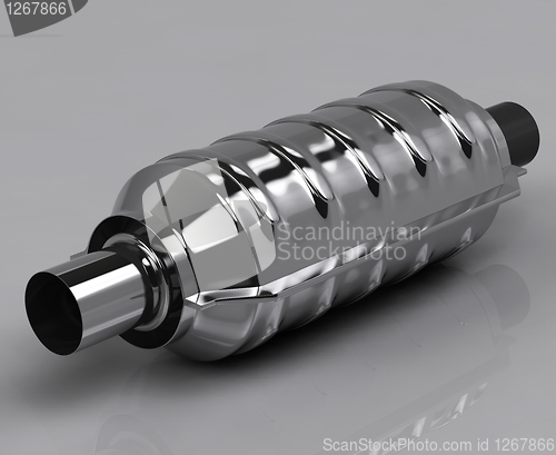 Image of 3D of reflecting muffler on grey background