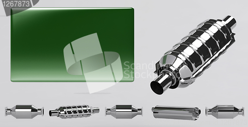 Image of 3D of mufflers collection and green plate