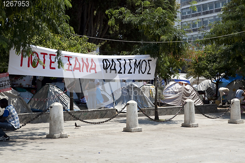 Image of Tent city in Syntagma Square, Athens.