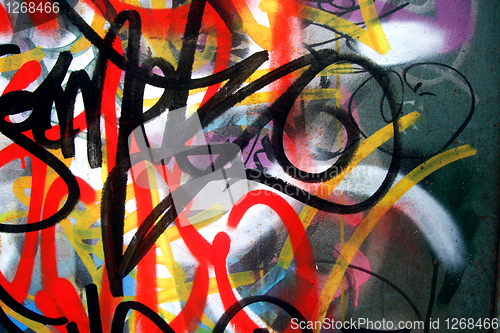 Image of Metal wall with colorful graffiti tags