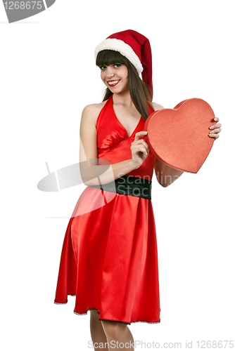 Image of girl in a red dress, hat santa