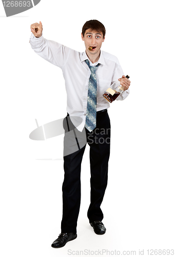 Image of drunk businessman with a bottle of cognac