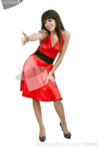 Image of brunette girl in red dress shows OK