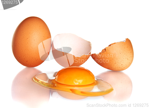 Image of Egg and smashed an egg on a white background