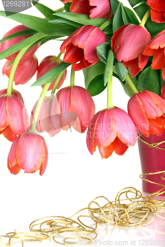 Image of Bouquet of pink tulips on a white background.