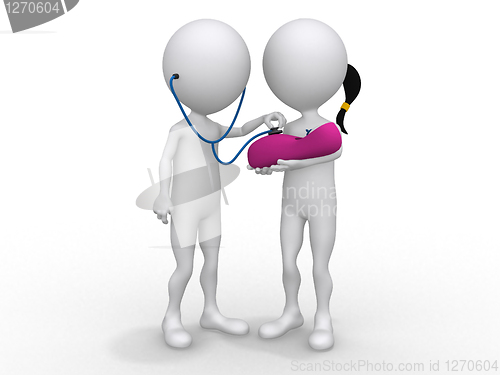 Image of 3D doctor with a baby in her mom hands - isolated over a white b