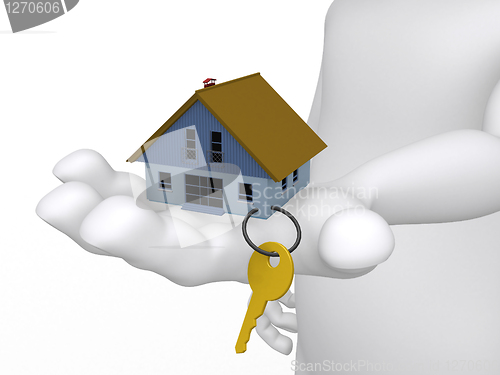 Image of Concept of a hand holding a house and key in 3D