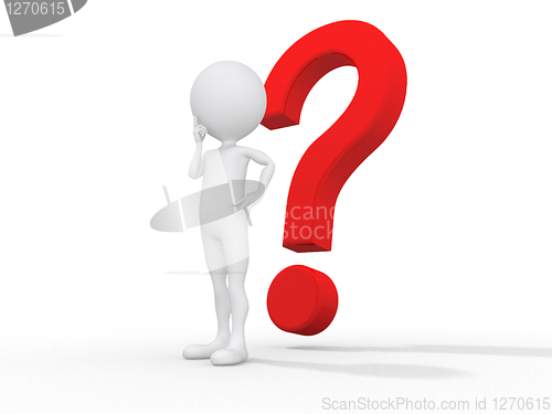 Image of 3d guy thinking in front of a big question mark - Isolated