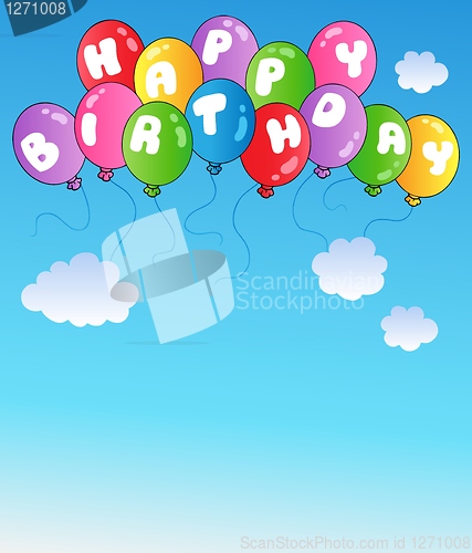 Image of Happy birthday balloons on blue sky