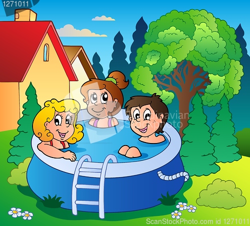 Image of Garden with three kids in pool