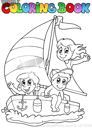 Image of Coloring book with yacht and kids