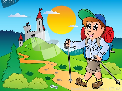 Image of Cartoon hiker boy near castle