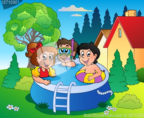 Image of Garden with pool and cartoon kids