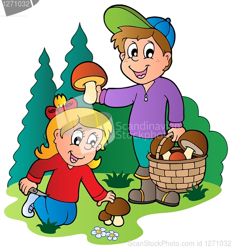 Image of Kids picking up mushrooms