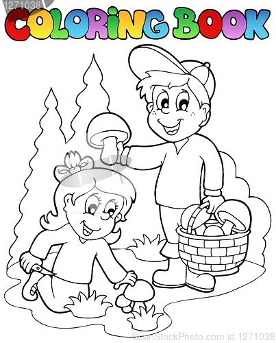 Image of Coloring book with kids mushrooming