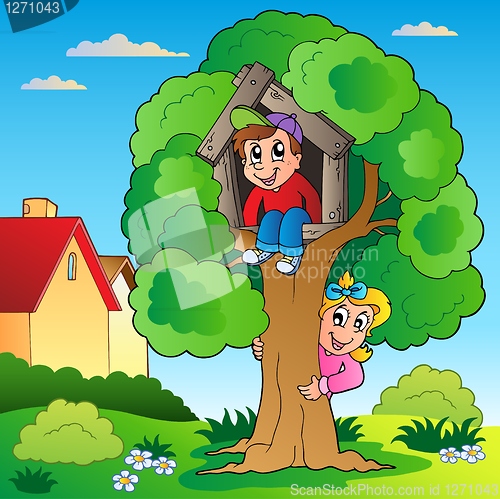 Image of Garden with two kids and tree