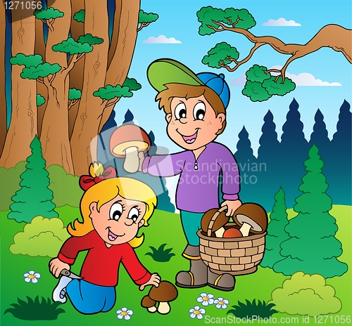 Image of Forest with kids mushrooming