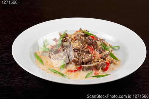 Image of sliced beef roasted with vegetables