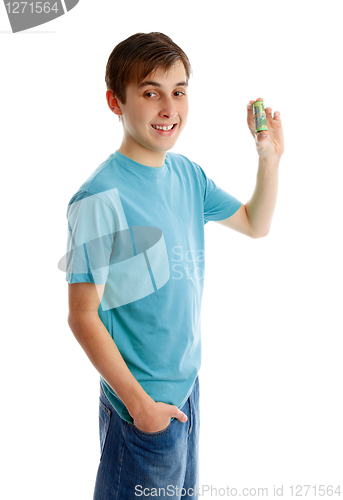 Image of Happy bohy holding rolled up cash