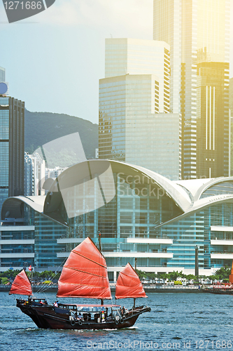 Image of sailboat sailing in the Hong Kong harbor 