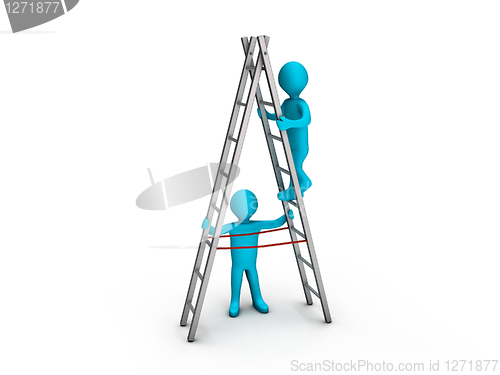 Image of Man climbing ladder and another helping him