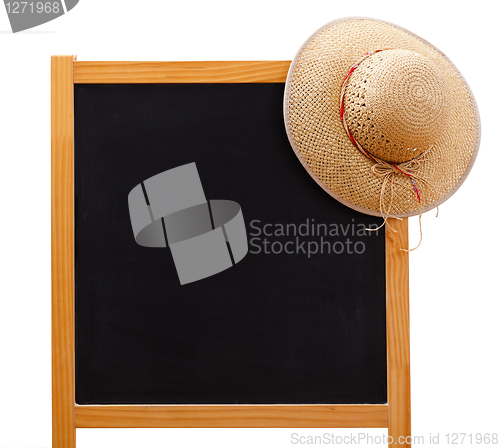 Image of Gone on holiday: chalkboard with straw hat