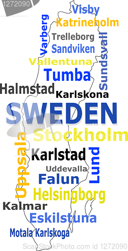 Image of sweden map words cloud with larger cities