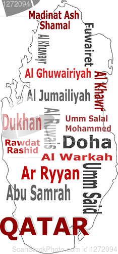 Image of qatar map words cloud with larger cities