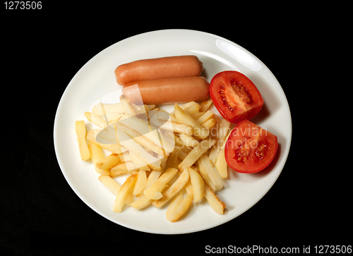 Image of sausage served with french fries and tomatoes