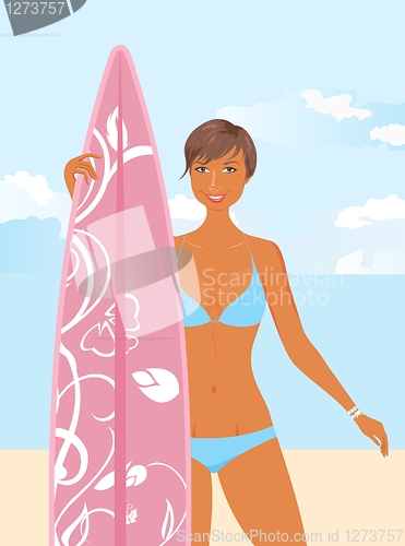 Image of girl with surfboard in her hand, isolated