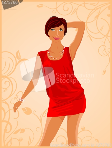 Image of cute fashion girl on floral background