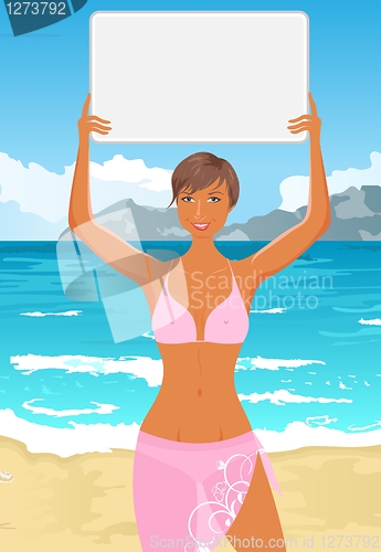 Image of girl in bikini with banner on the beach