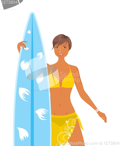 Image of cool girl in yellow swimsuit with surfboard in her hand, isolate