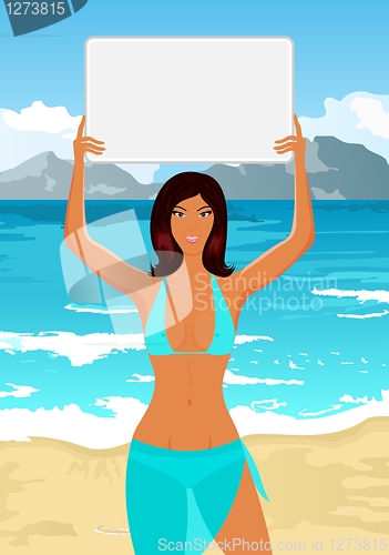 Image of girl in bikini with banner on the beach