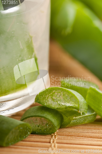 Image of aloe vera juice with fresh leaves