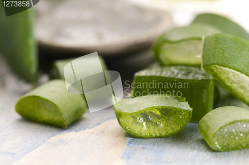 Image of aloe vera juice with fresh leaves