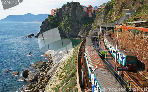 Image of Italy. Cinque Terre. Train at station Manarola 