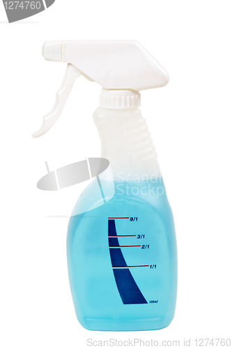 Image of Blue window cleaning solution in a plastic container