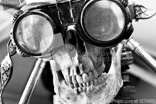 Image of Human skull with insane look and goggles (robot)