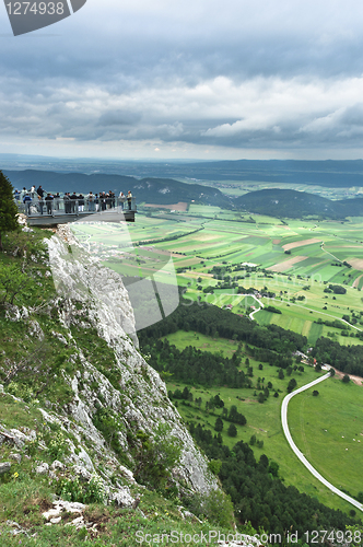 Image of Lookout point with green fields and mountains