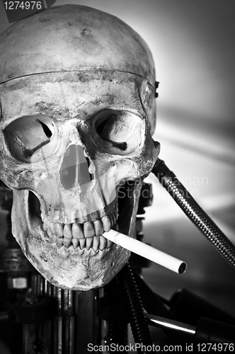 Image of Closeup of a human skull on robot body with cigarette in mouth