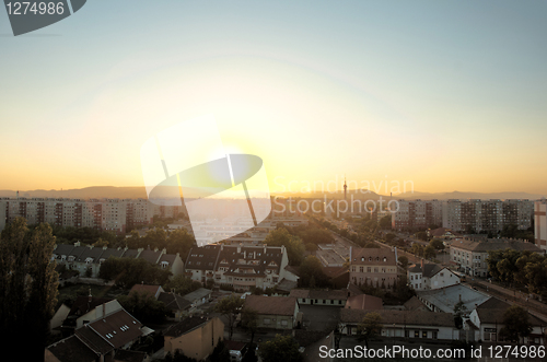 Image of Wide angle shot of a european city with horizon