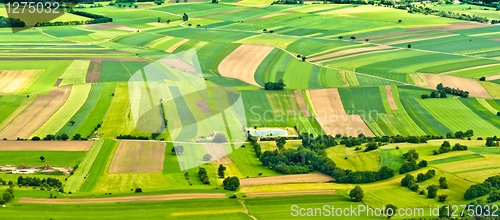 Image of aerial view of green fields and slopes