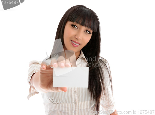 Image of Girl holding club card, business card or other