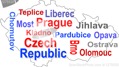 Image of czech republic map and words cloud with larger cities