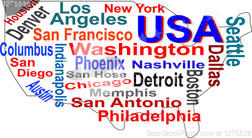 Image of USA map and words cloud with larger cities