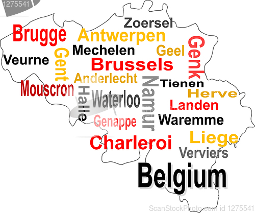 Image of belgium map and words cloud with larger cities