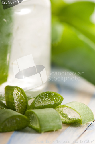 Image of aloe vera juice with fresh leaves