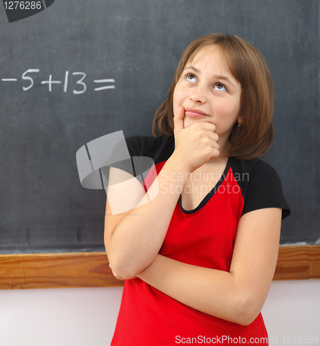 Image of Elementary schoolgirl thinking on solution